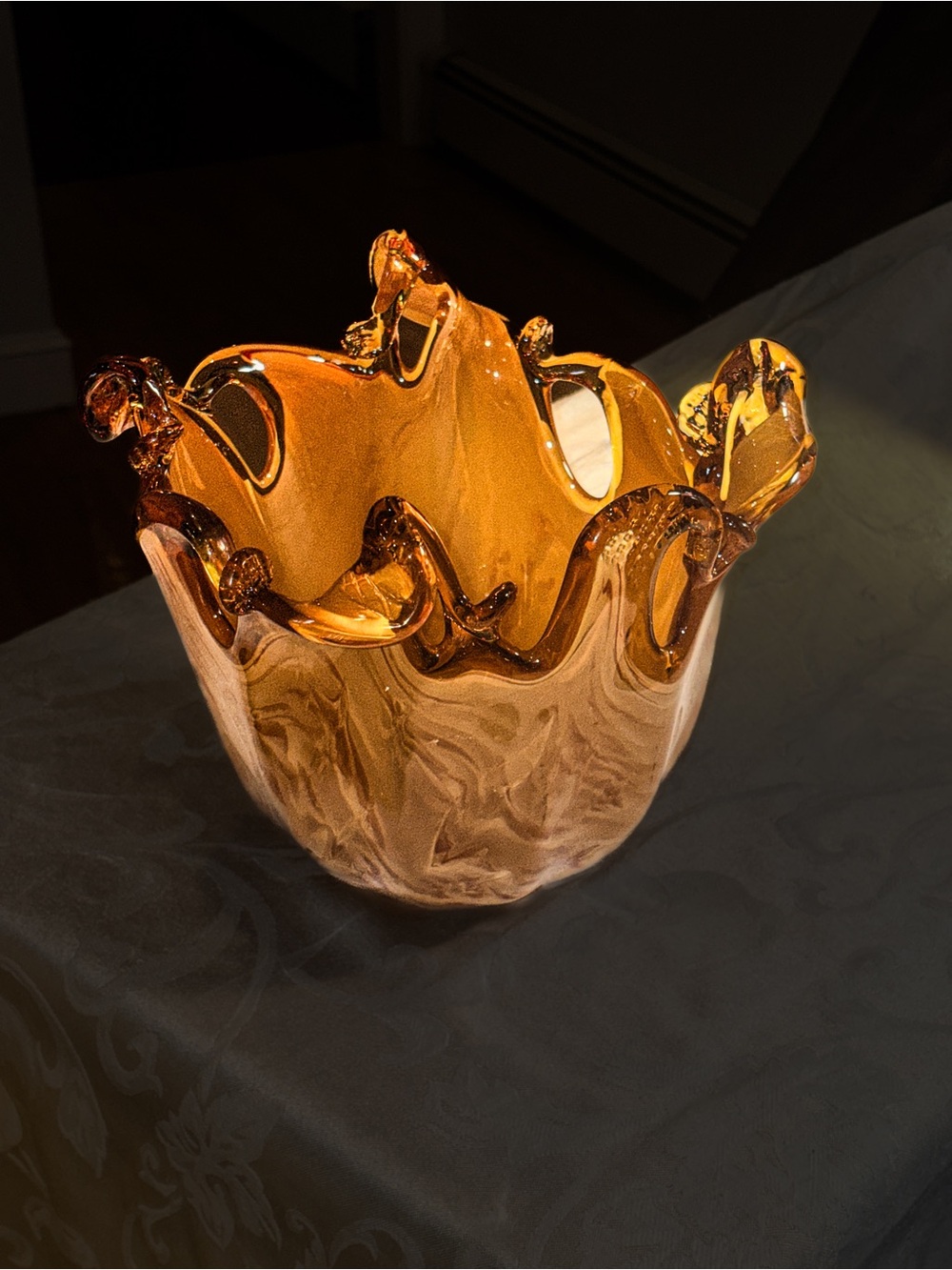 Vintage Murano Hand Blown Amber Art Glass Bowl Italy Freeform Ruffled Edge